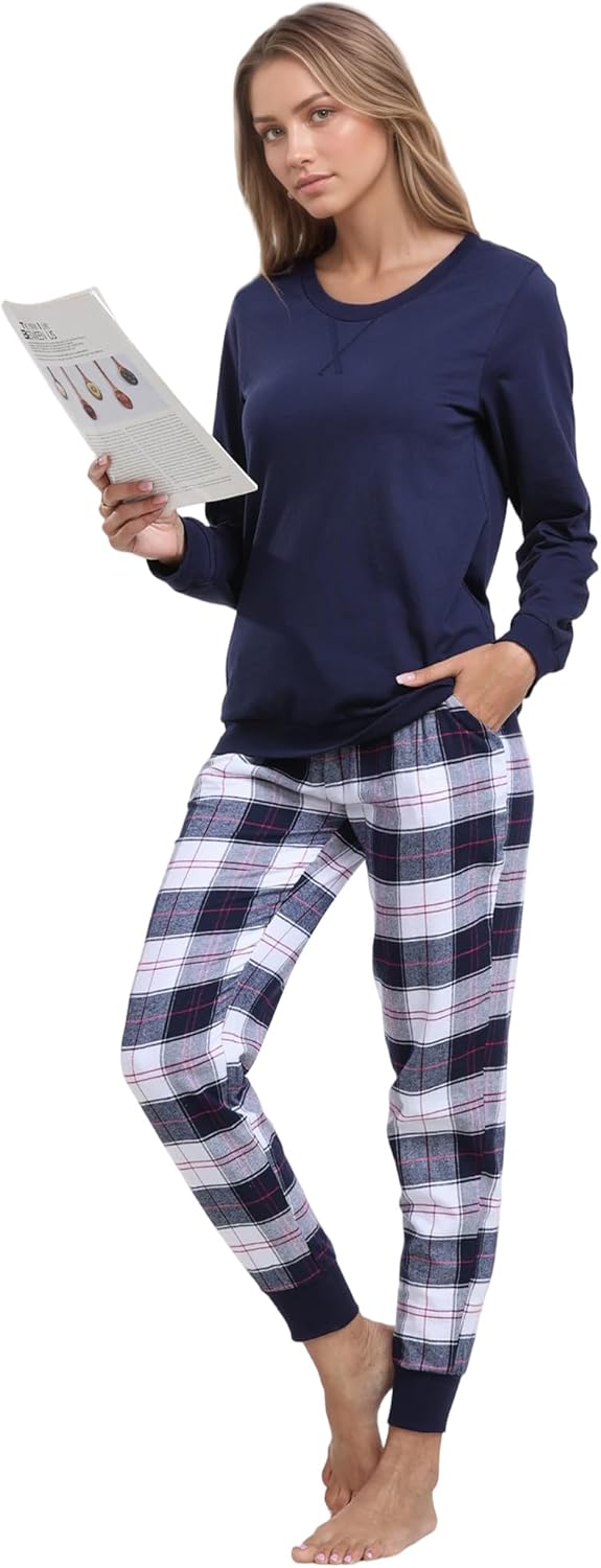 Mnemo Schlafanzug Damen 100% Baumwolle Bequemer Pyjama Damen Baumwolle mit Karomuster S Blau & Weiss
