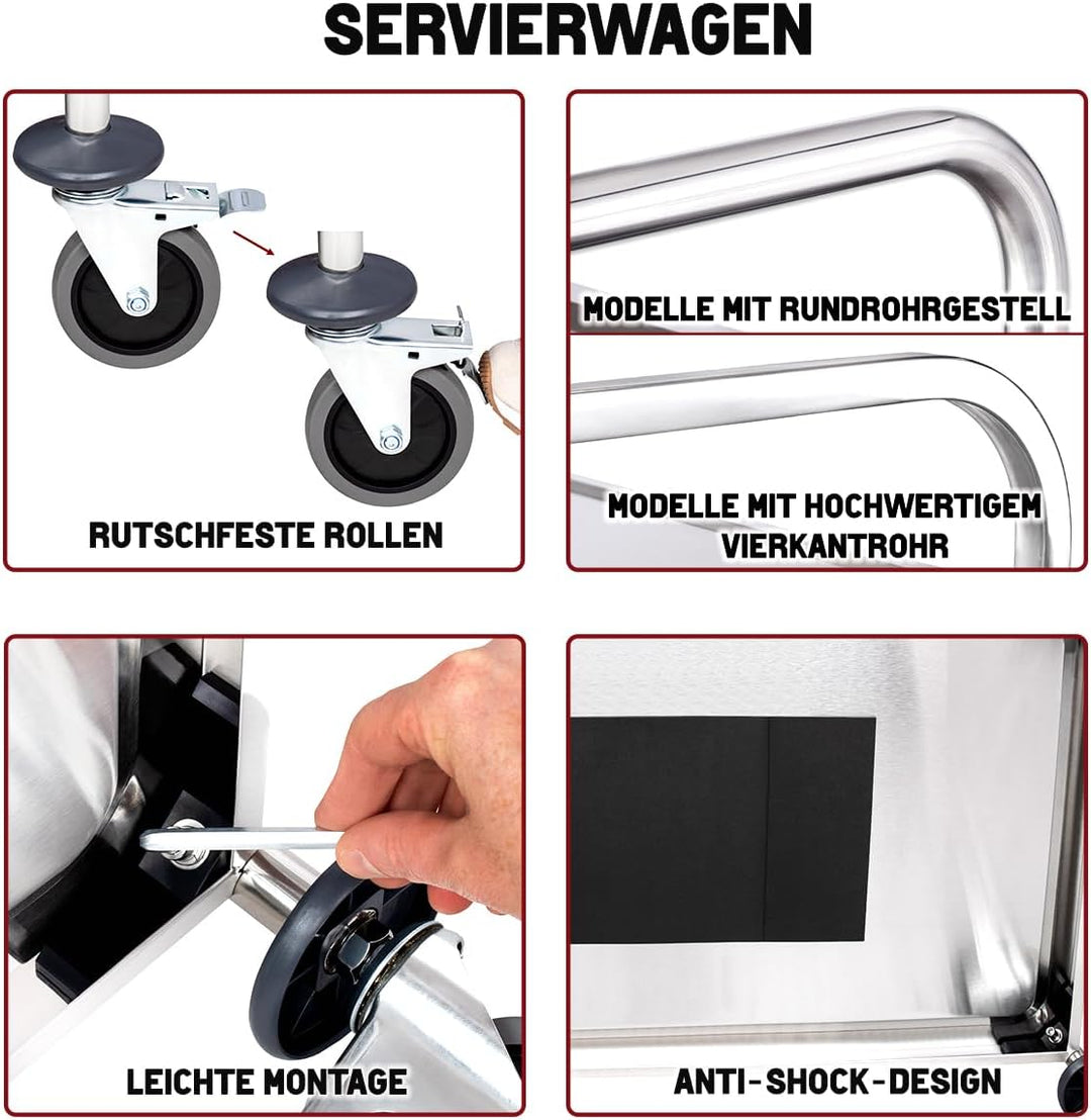 Beeketal 'BSW-2a' Edelstahl Servierwagen Transportwagen mit 2 Böden und Kantrohrgestell (belastbar b