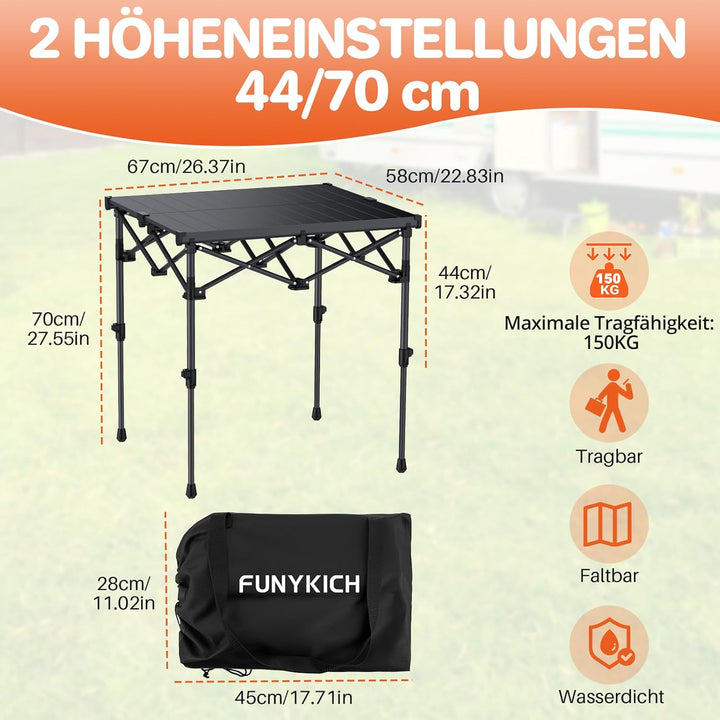FUNYKICH Aluminium Klapptisch mit Tragetasche 67x58cm, X Form klappbarer Grilltisch mit 2 Höhenverst