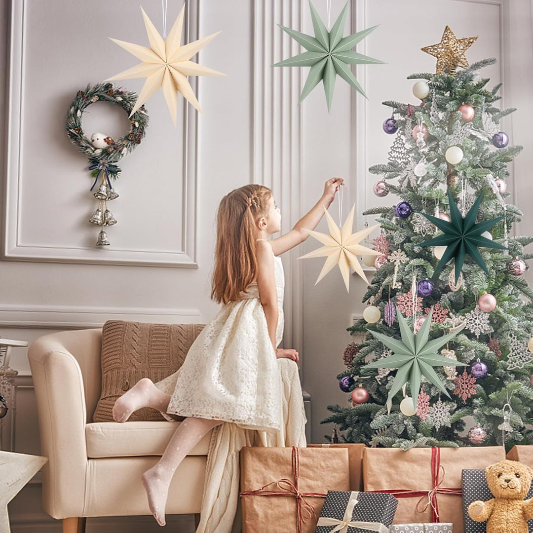 5 Stück Papiersterne Weihnachten Beige 30cm Salbeigrün 9 Zacken Creme Papiersterne Faltsterne Aufhän