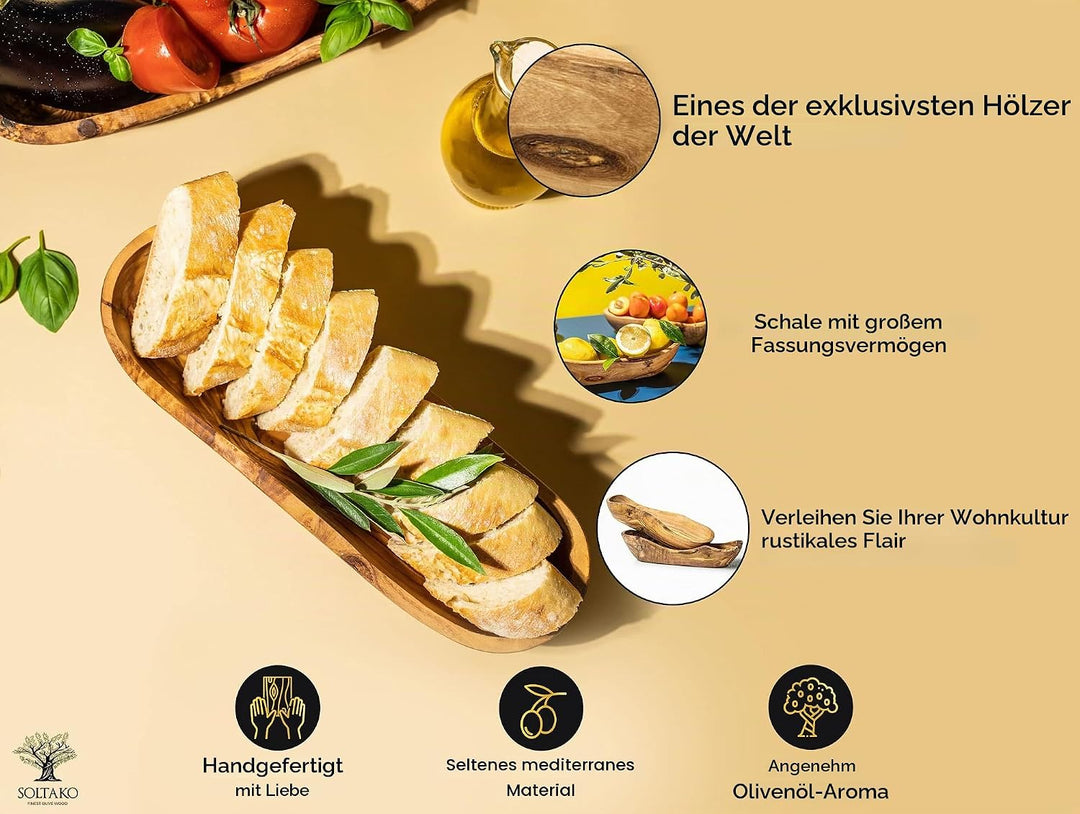 SOLTAKO Olivenholz Schale länglich Le Boulanger L (30-34 cm) rustikale Schale aus Oliven Holz 1 L, 1