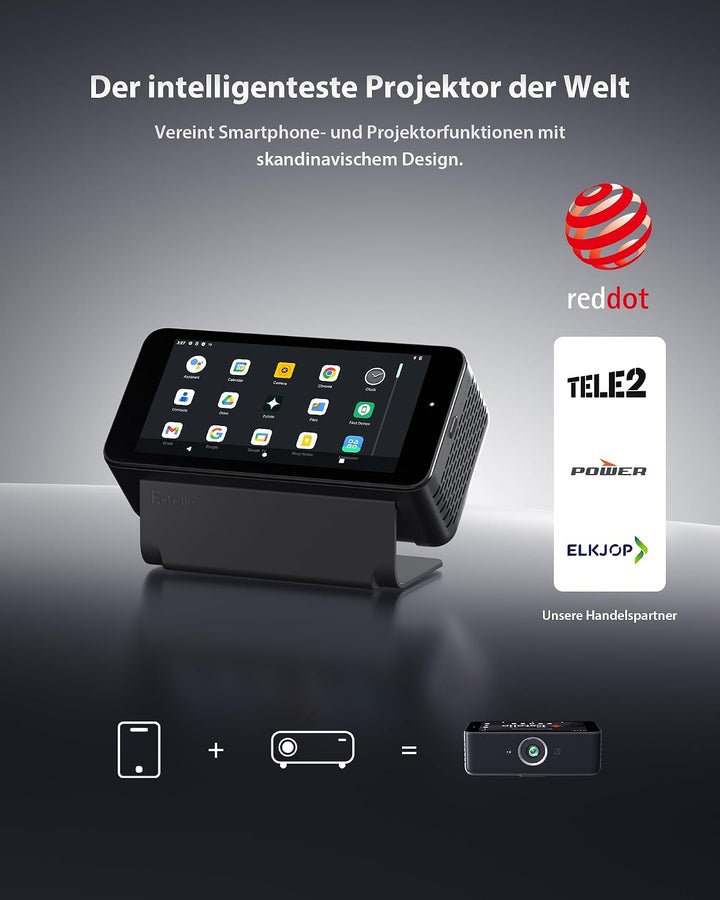 Estelle Smart Beamer 4K mit 64GB Speicher, Integriertem Akku, Android 12 | Mini Beamer Outdoor mit N