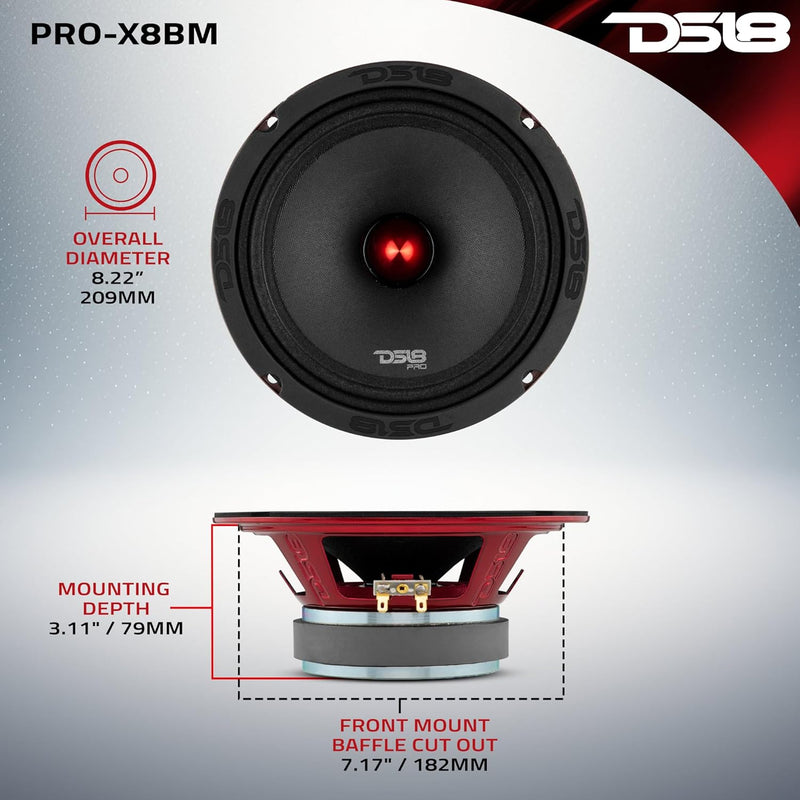 DS18 PRO-X8BM Auto-Mitteltöner, 20,3 cm, 600 W, 8 Ohm, Bass-Lautsprecher 8 Ohm 20,3 cm, 8 Ohm 20,3 c