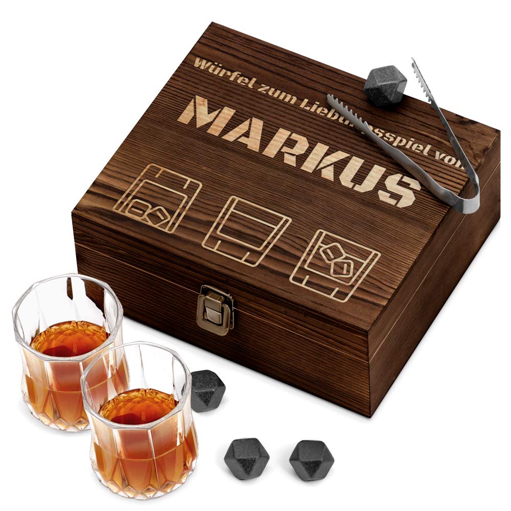 Maverton Whisky Steine Set - in Holzbox mit Gravur - 8 Eiswürfel &amp; 2 Whisky Gläser - wiederverwendba