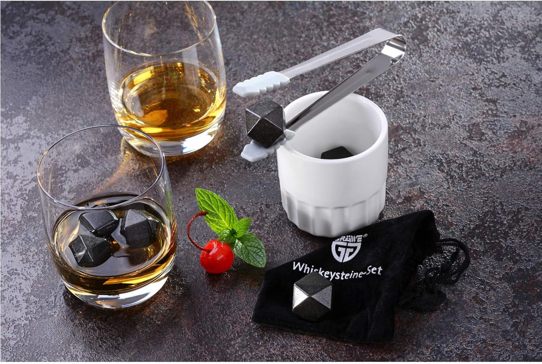 GRÄWE Whiskey-Steine Set aus Marmor - Geschenk-Box mit 6 Kühlsteinen, Stoffbeutel, Zange und Marmorb