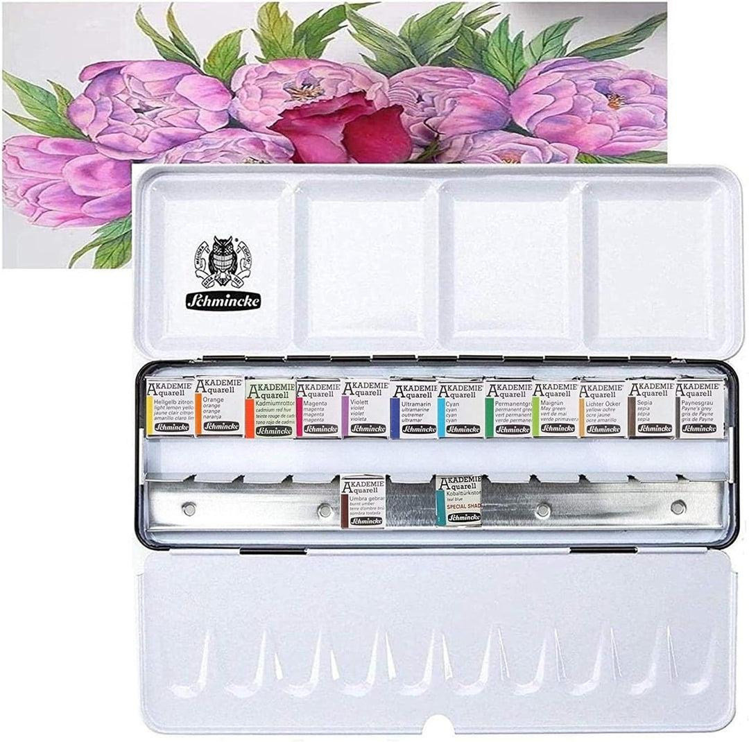 Schmincke Akademie Aquarell Malkasten, Metallkasten, 14 x 1/2 mit Da Vinci XS synthetic brush voyage
