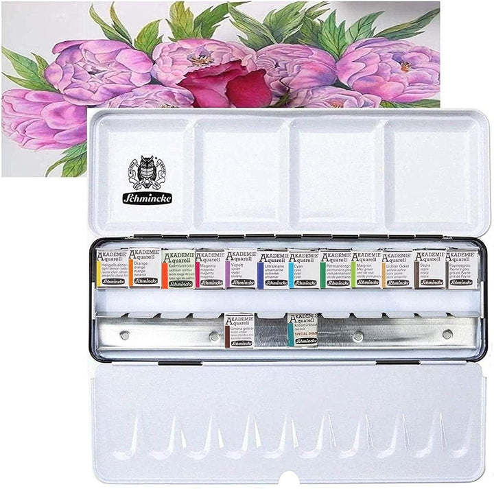Schmincke Akademie Aquarell Malkasten, Metallkasten, 14 x 1/2 mit Da Vinci XS synthetic brush voyage