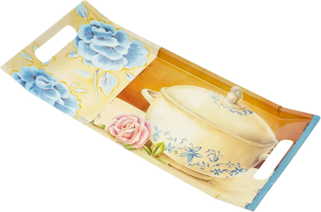 Lashuma Küchentablett 41x19 cm mit Griffen, weiss blaues Melamin Teetablett, Design: Kochtopf 41 x 1