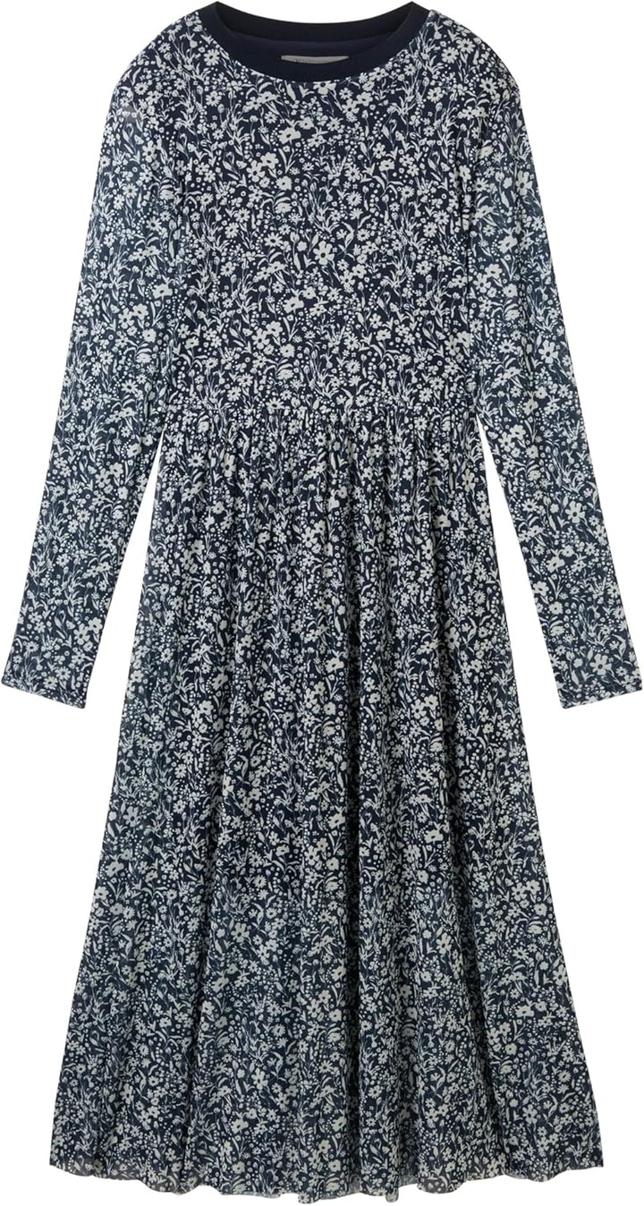Tom Tailor Denim Damen Mesh Kleid mit Muster XS 16355-blue Flower Print, XS 16355-blue Flower Print