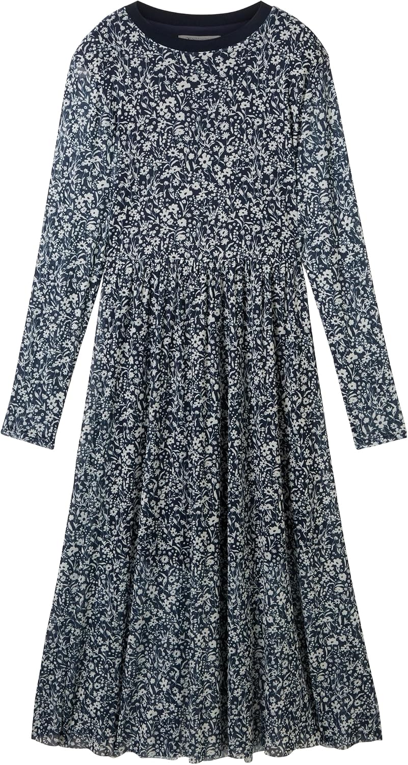 Tom Tailor Denim Damen Mesh Kleid mit Muster XS 16355-blue Flower Print, XS 16355-blue Flower Print