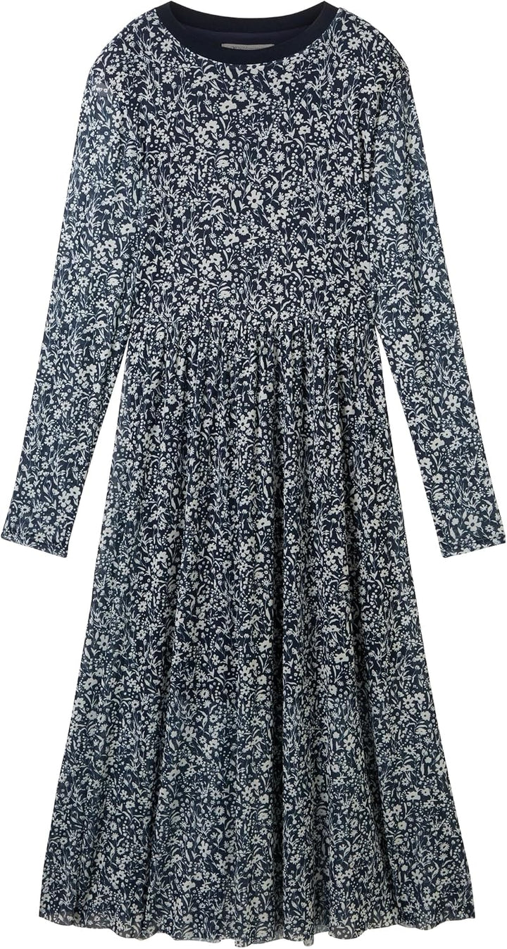 Tom Tailor Denim Damen Mesh Kleid mit Muster XS 16355-blue Flower Print, XS 16355-blue Flower Print