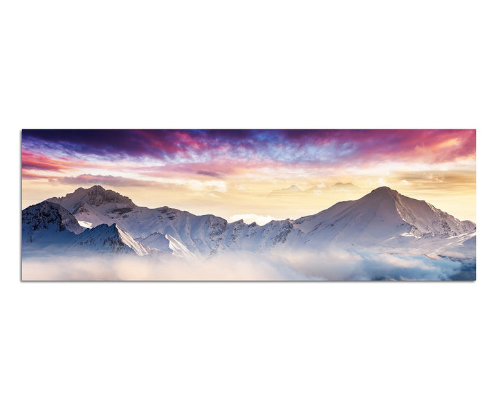 Paul Sinus Art Panoramabild auf Leinwand und Keilrahmen 150x50cm Berge Wald Schnee Nebel Abendrot