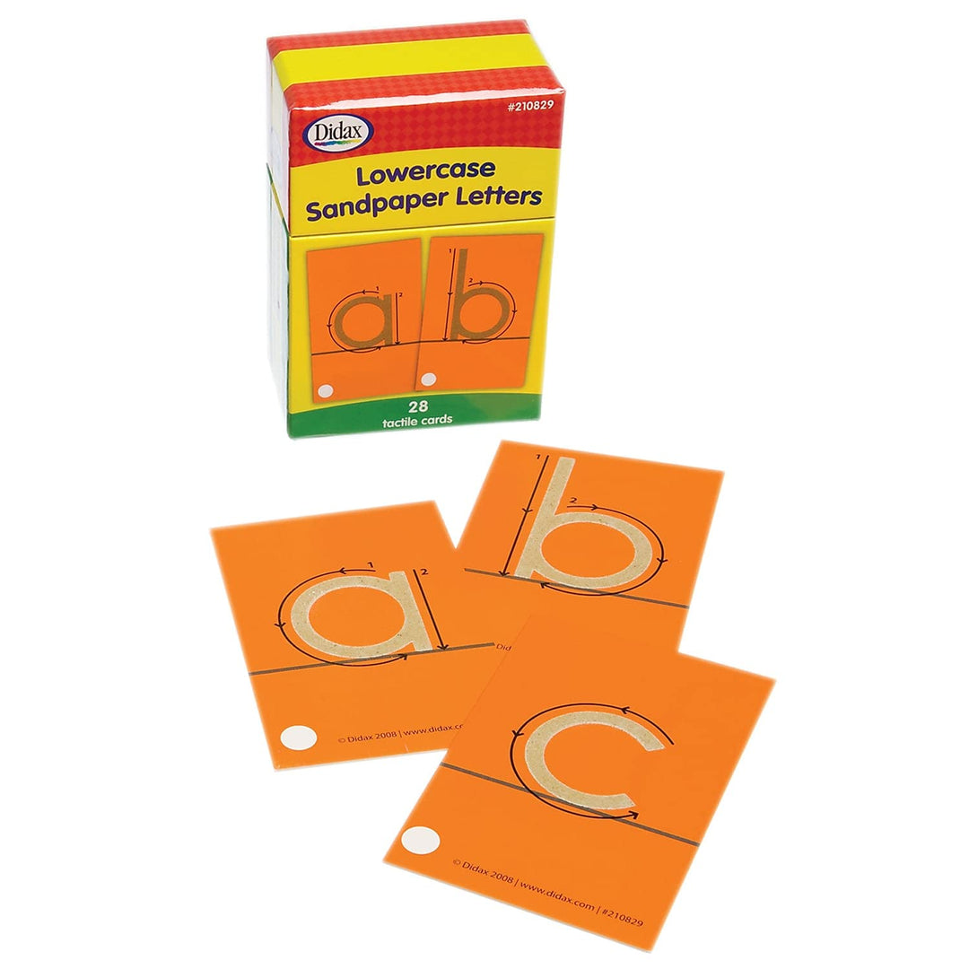 DIDAX Taktile Karten, 28 Stück Schleifpapier-Buchstaben, Kleinbuchstaben, Karton, Mehrfarbig, 4-1/4