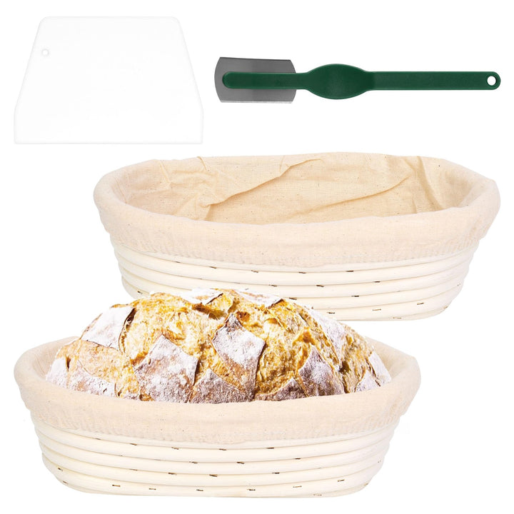 2 Stück Gärkörbchen, Brotkorb mit Einlage & Teigschaber & Brotlame, Gärkorb Oval Brotkörbchen, Ratta