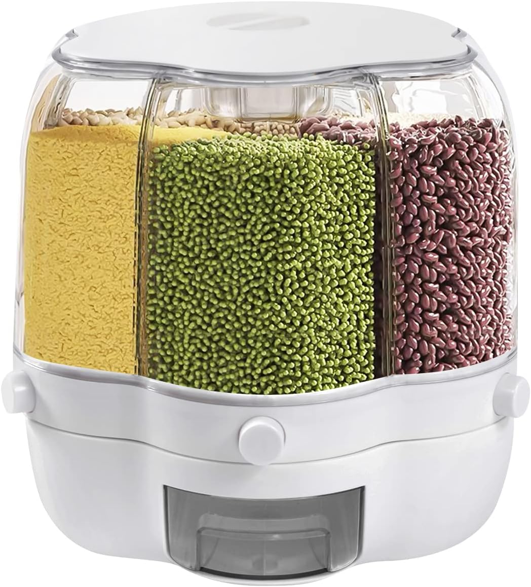 6 IN 1 Getreidespender 8KG 360°Drehung Müslispender Küche Geteilte Trockenfutterbehälter Luftdicht L