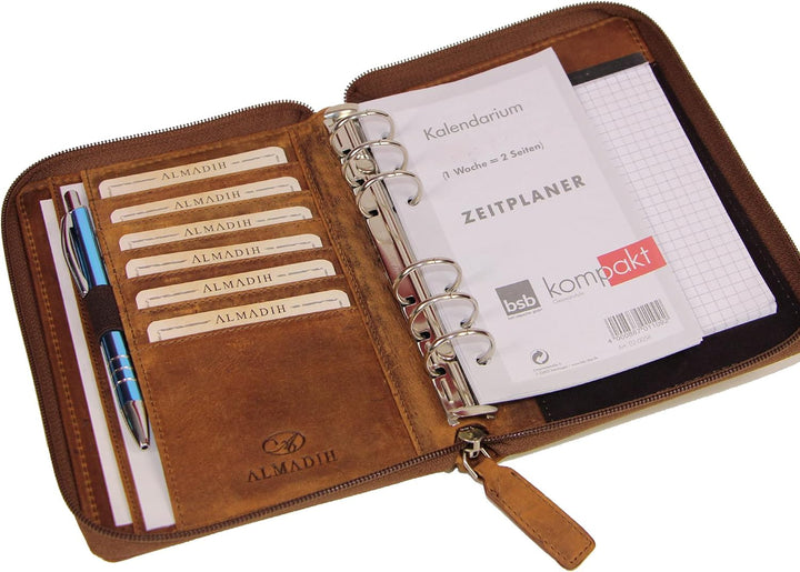 ALMADIH Leder A6 Organizer Reissverschluss Kalender 2024 Notizblock Premium Rindsleder Braun Vintage