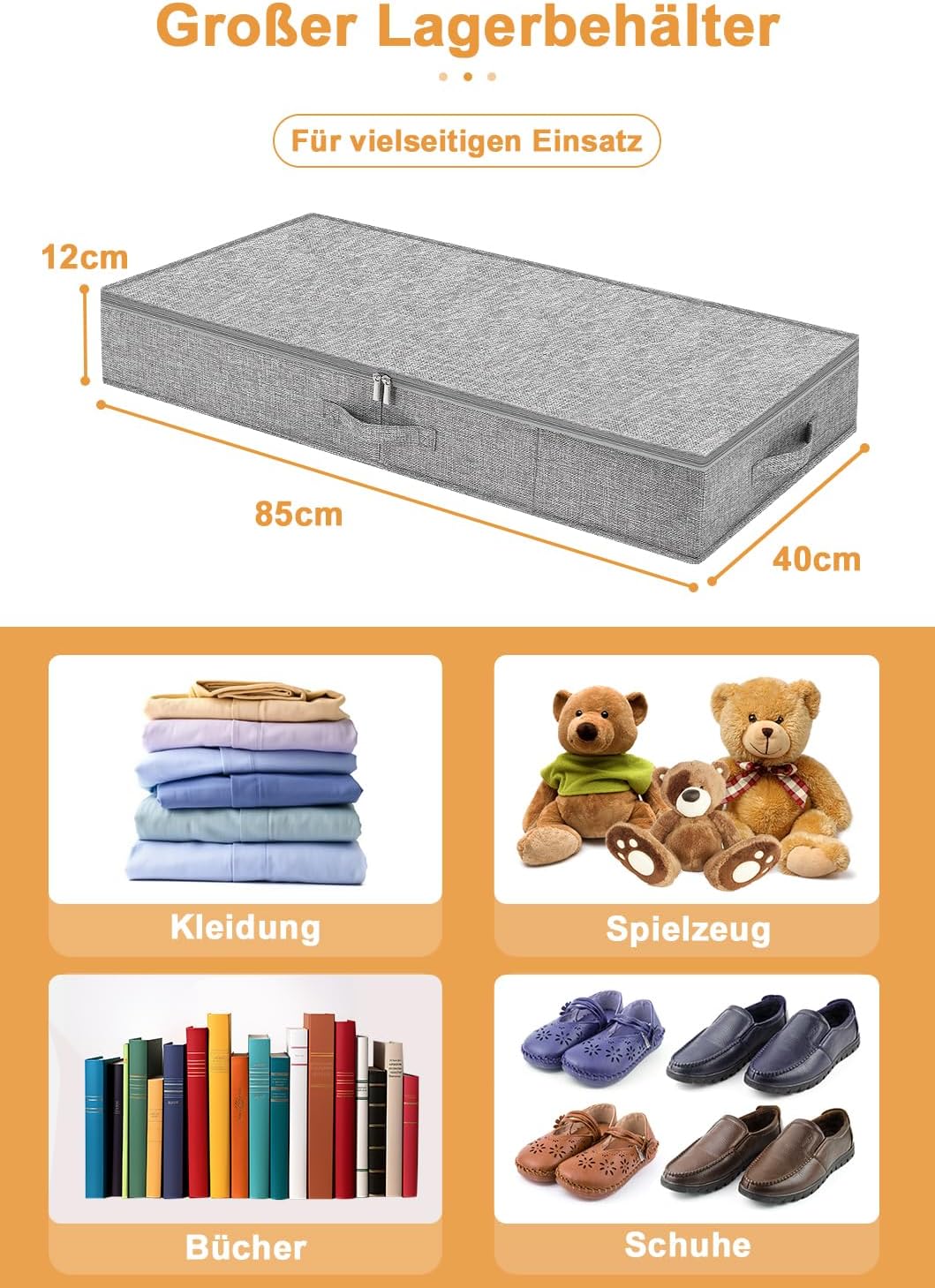 Unterbett Aufbewahrungsbox 12 cm, Stabil & Formstabil Unterbettkommode mit 3 Griffen & Doppelreissve