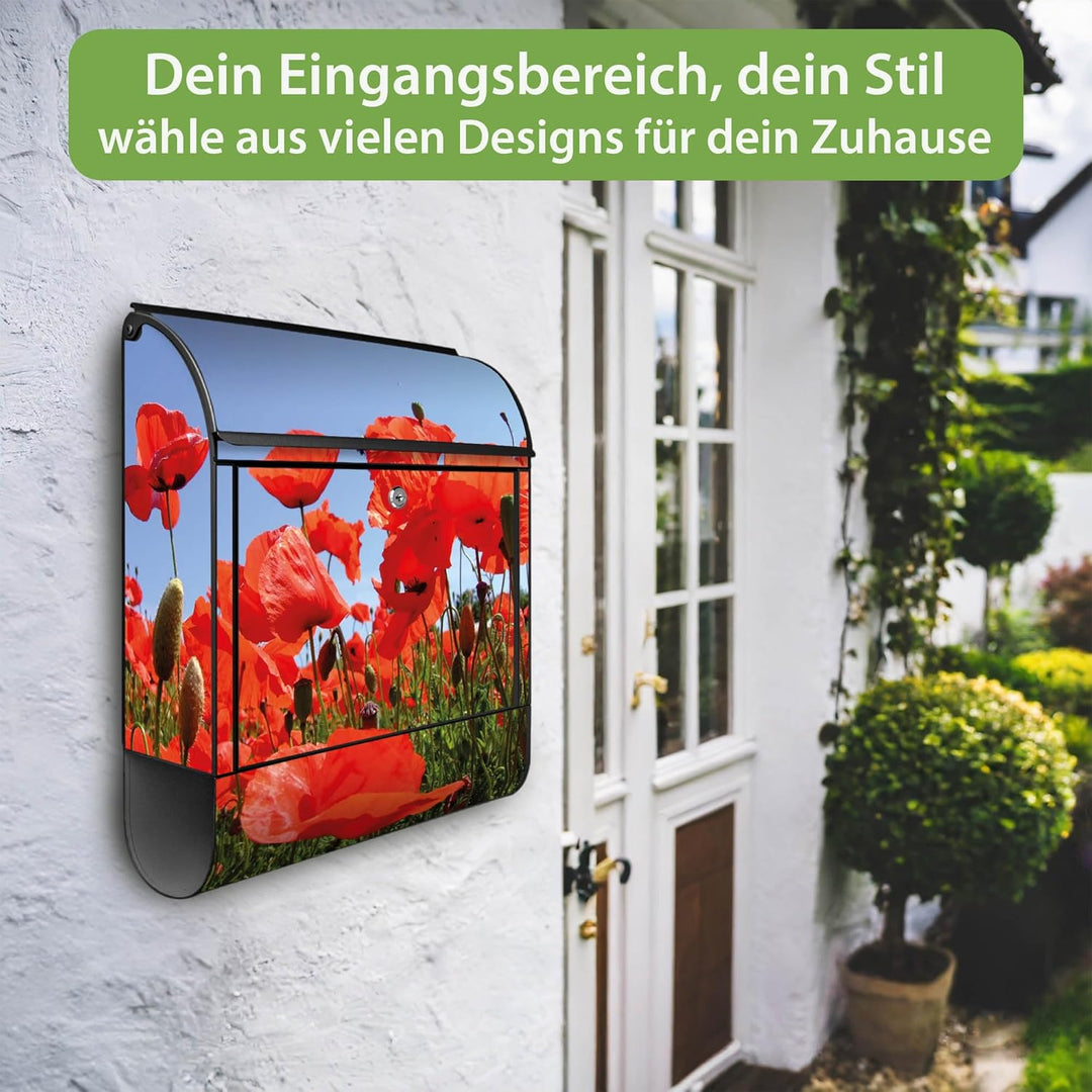 banjado® Design Briefkasten mit Motiv Mohnblumen 39x47x14cm &amp; 2 Schlüssel - Briefkasten Stahl schwar