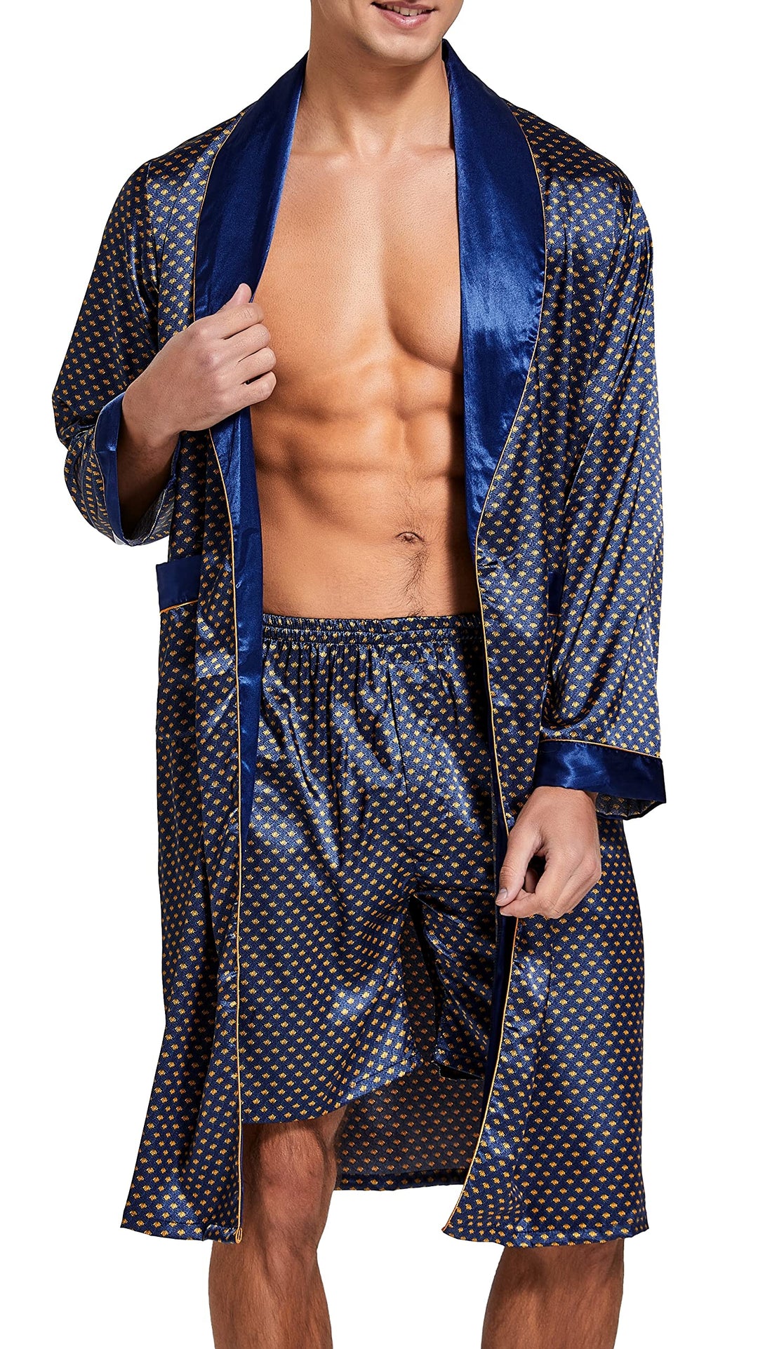 Herren Satin Bademantel, Leichter Seiden Langarm Bademantel mit Shorts Set, Spa Kimono Nachtwäsche L