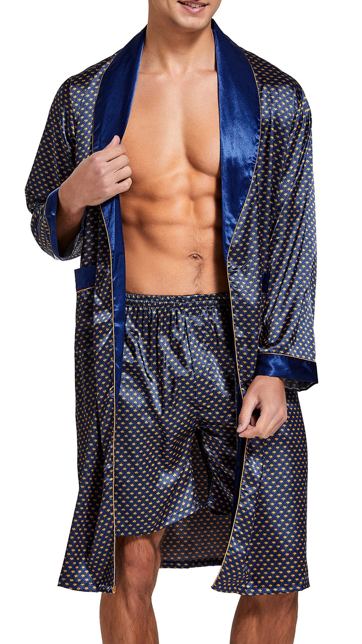 Herren Satin Bademantel, Leichter Seiden Langarm Bademantel mit Shorts Set, Spa Kimono Nachtwäsche L