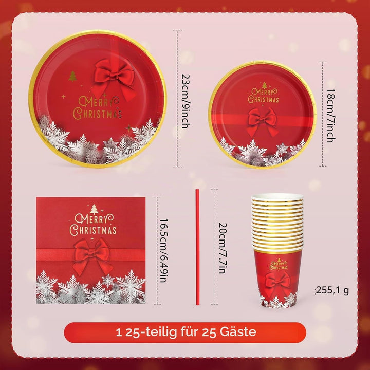 PARTY GO 96 Stück Pappteller Weihnachten, Partygeschirr Set Weihnachtsparty Pappteller Servietten Pa