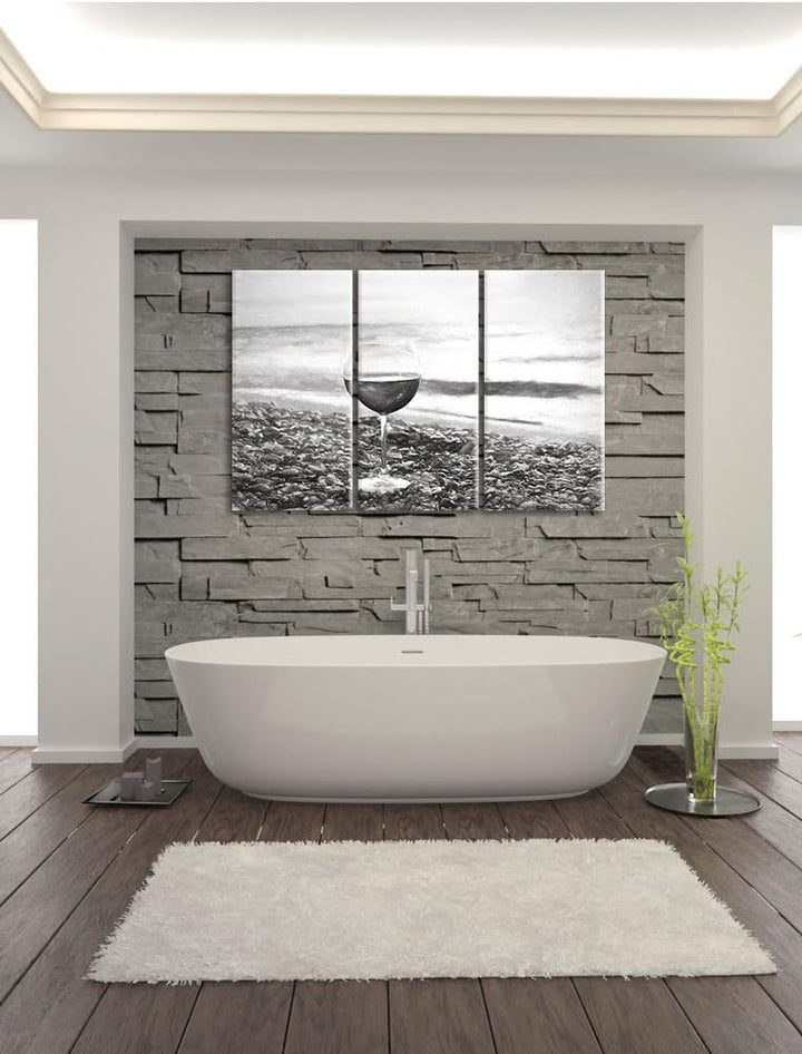Pixxprint Weinglas am Strand als Leinwandbild/Grösse: 3 Teilig (120x80 cm) cm/Wandbild/Kunstdruck/fe