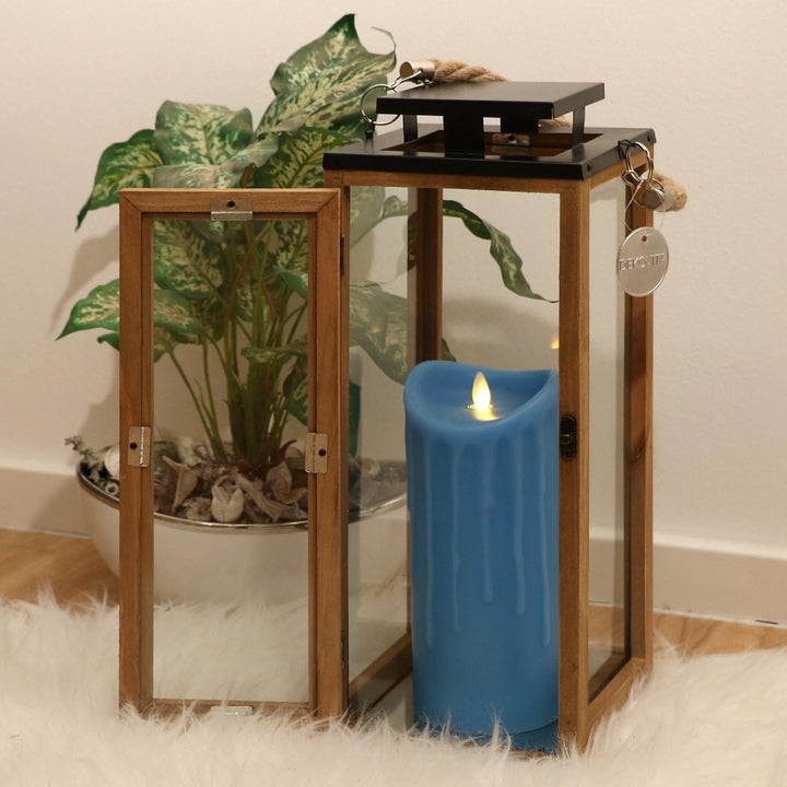 Dekovita 42cm Holz-Laterne - Gartenlaterne inkl. 23m LED Echtwachs-Kerze Blau Wachstropfen mit 5h-Ti