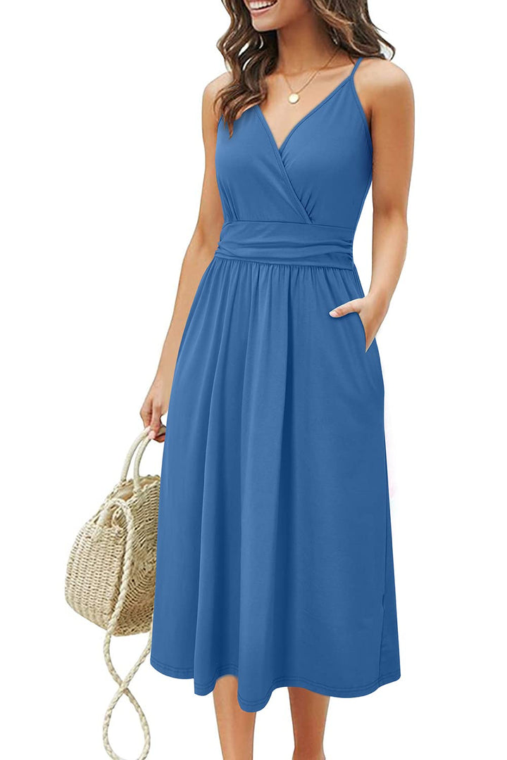 OUGES Kleid Damen Spaghettiträger Sommer Kleider Knielang V-Ausschnitt Strandkleid mit Taschen XL Gr