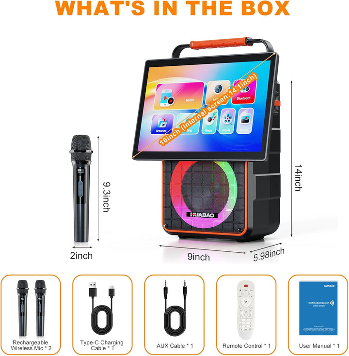 Tragbarer Bluetooth-Karaoke-Lautsprecher mit 14,1-Zoll-HD-Bildschirm, kabelloser Bildschirmspiegelun