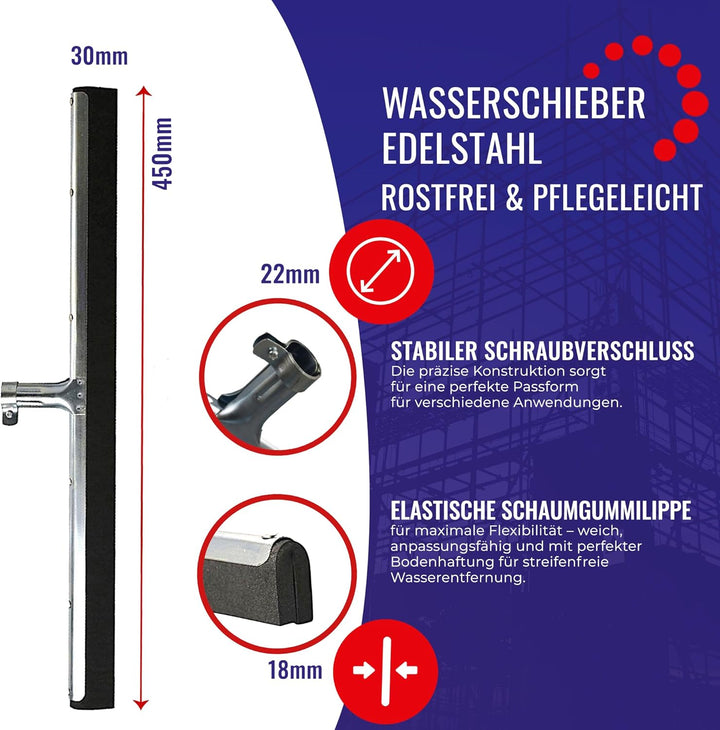 Chle-Mar Wasserschieber Bodenabzieher 45 cm, aus Edelstahl mit Schaumgummi | Abzieher Boden für Inne