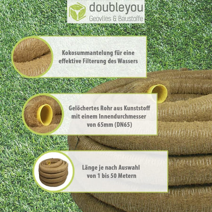 Drainagerohr DN65 gelocht mit Kokosfilter von Doubleyou Geoflies &amp; Baustoffe (10m)