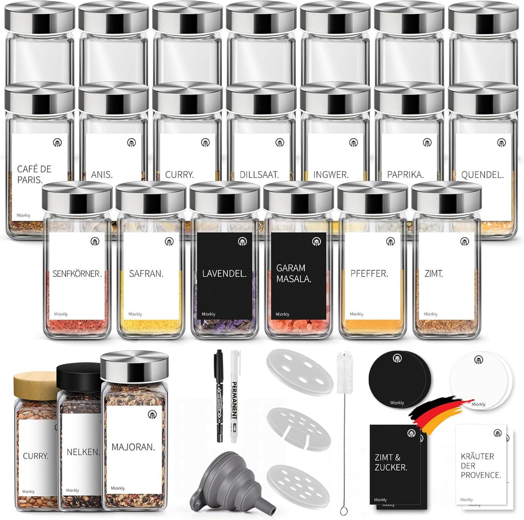 Miorkly Gewürzgläser Eckig mit Streueinsatz, Edelstahl Deckel Gewürzdosen Set 120ml,24 Gewürzgläser