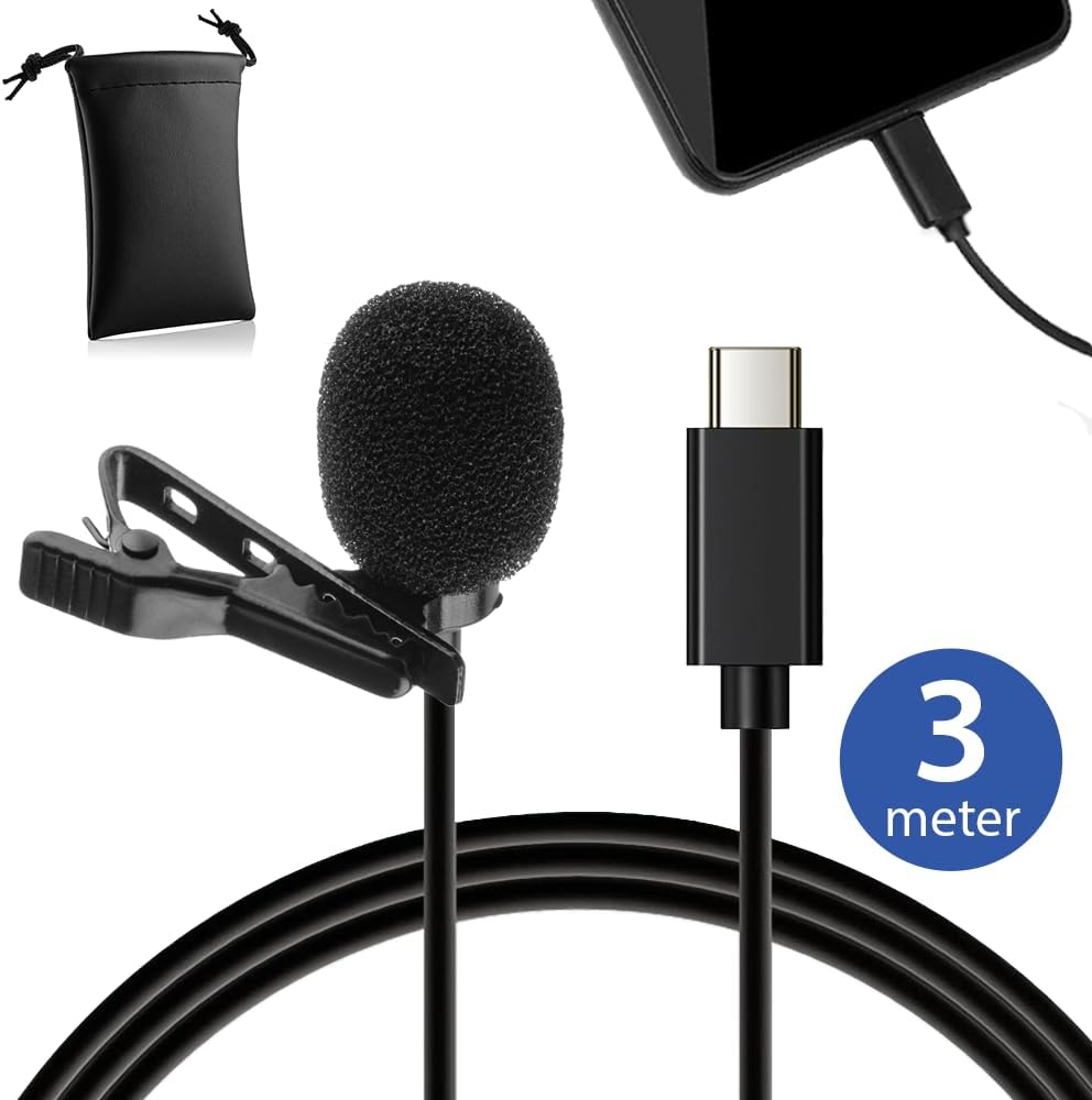 MOJOGEAR Pin-Mikrofon mit USB-C-Anschluss – 3 Meter Kabel – Ansteckmikrofon kompatibel mit Android-S