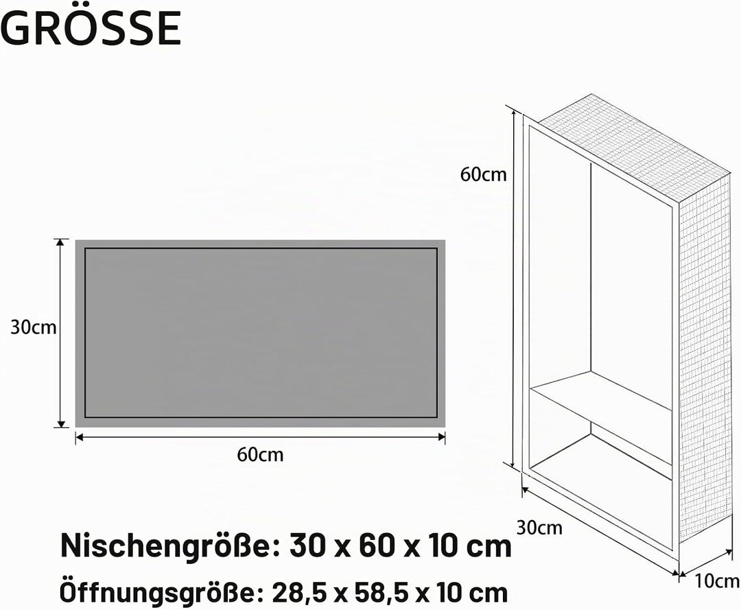 Wandnische Dusche Edelstahl,Wandnische Lagerung mit einem Regal（40/20cm）,Duschnische 30 * 60 * 10CM,