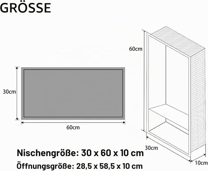 Wandnische Dusche Edelstahl,Wandnische Lagerung mit einem Regal（40/20cm）,Duschnische 30 * 60 * 10CM,