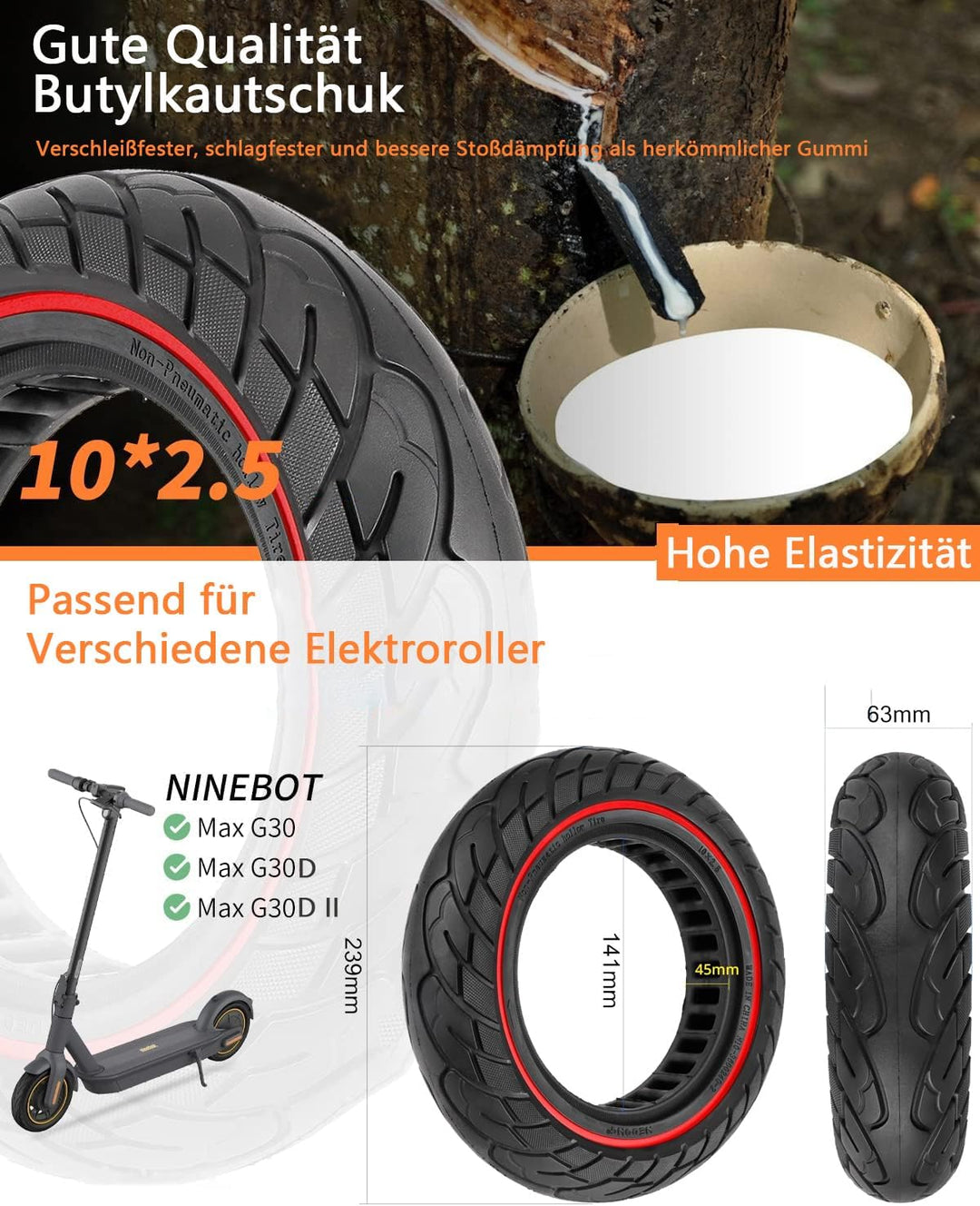 VOLOHAS 60/70-6,5 Vollgummireifen 10 * 2,5 Solide Reifen für Segway Ninebot Max G30 / G30E / G30LP E