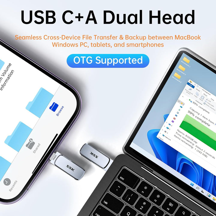 SSK 64GB USB C Stick bis zu 240 MB/s, Dual Memory Stick USB 3.2 Typ-C und USB-A Handy Speicherstick,