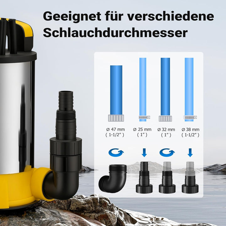 Wiltec Tauchpumpe mit Schwimmer Edelstahl 400 W, flachabsaugende Pumpe bis 1 mm, Tiefbrunnenpumpe bi