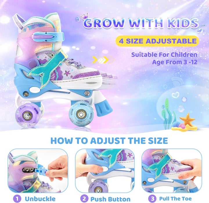 NEMONE Rollschuhe für Mädchen Kinder 4 Grössen Verstellbar Blau Violett Rollschuhe für Kinder Drinne