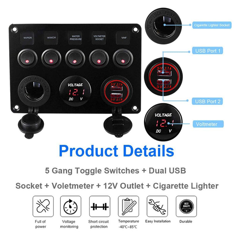 Geloo 5 Gang Schalter Panel, 12V/24V Kippschalter Panel IP65 Wasserdichte LED Voltmeter Dual USB Buc