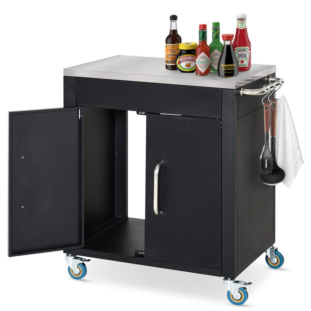 HOMCOM Küchenwagen mit Rollen, Servierwagen, Küchentrolley mit Schrank, Haken und Edelstahlgriffe, R