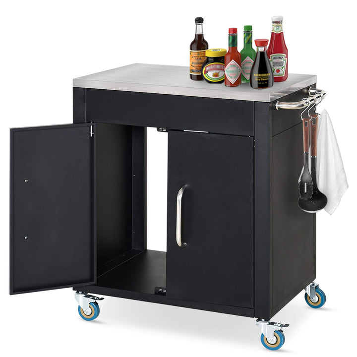 HOMCOM Küchenwagen mit Rollen, Servierwagen, Küchentrolley mit Schrank, Haken und Edelstahlgriffe, R