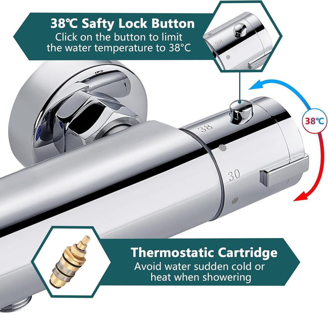 Duscharmatur mit Thermostat, Aufputz Mischbatterie Dusche mit 38°C Sicherheitstaste, Chrom Thermosta