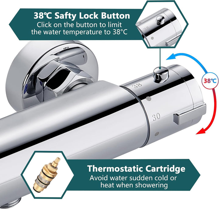 Duscharmatur mit Thermostat, Aufputz Mischbatterie Dusche mit 38°C Sicherheitstaste, Chrom Thermosta