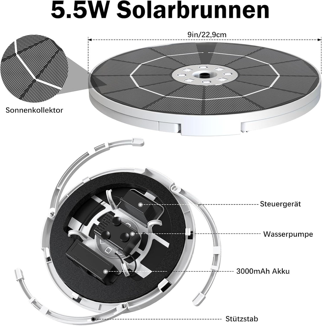 AISITIN 5,5W LED Solar Springbrunnen mit Verstellbare Stützstange Buntes Teichpumpe Solarbrunnen mit
