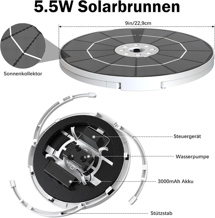 AISITIN 5,5W LED Solar Springbrunnen mit Verstellbare Stützstange Buntes Teichpumpe Solarbrunnen mit