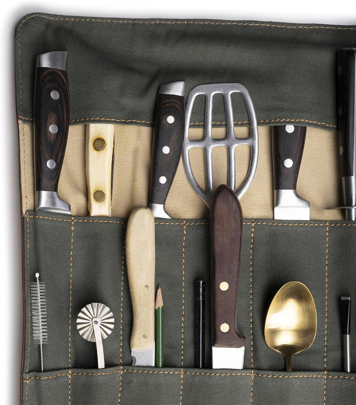 Angus Stoke Messertasche XXL für Kochmesser aus Büffelleder | 14-Fächer Leder-Messerrolltasche gross