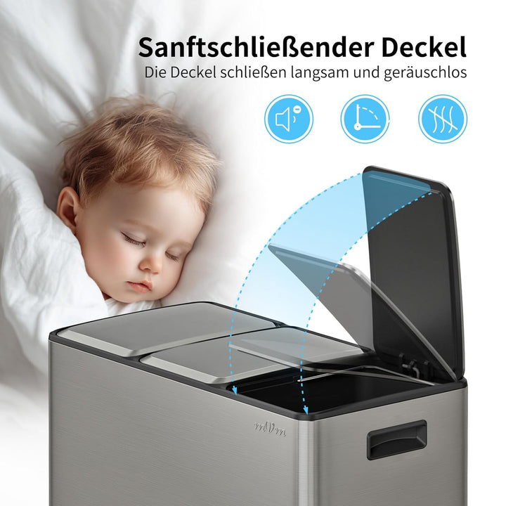 mVm Mülleimer Küche,45 Liter Treteimer,3 x 15 Liter Treteimer, 3 Fächer, Mülltrennsystem, Abfalleime