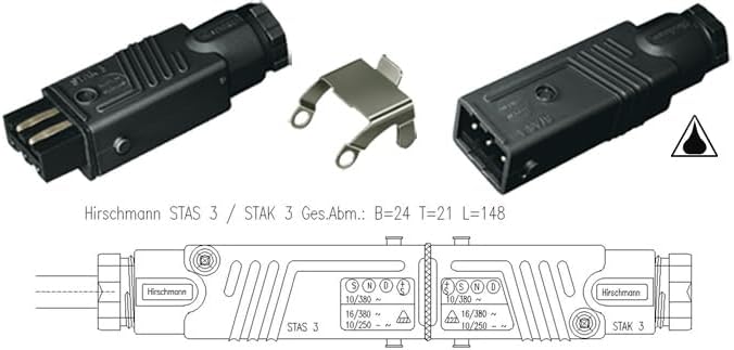 Hirschmann-Kupplung Stecker-Set für Jalousien, Markisen, Rollläden. 230 V. STAS 3 + STAK 3 + Stasi 3