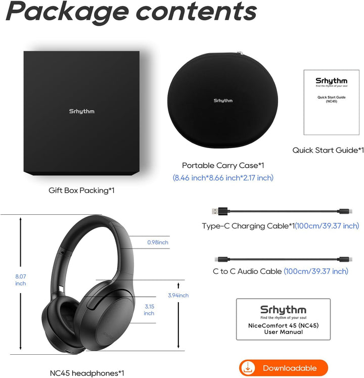 Srhythm NiceComfort 45 Active Noise Cancelling Headphone, drahtlose Bluetooth-Kopfhörer mit Transpar